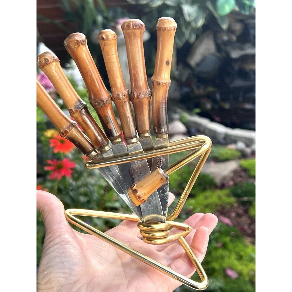 Vintage Solingen Germany Bamboo Handle Knife Set 6 Brass Stand Rostfrei MCM